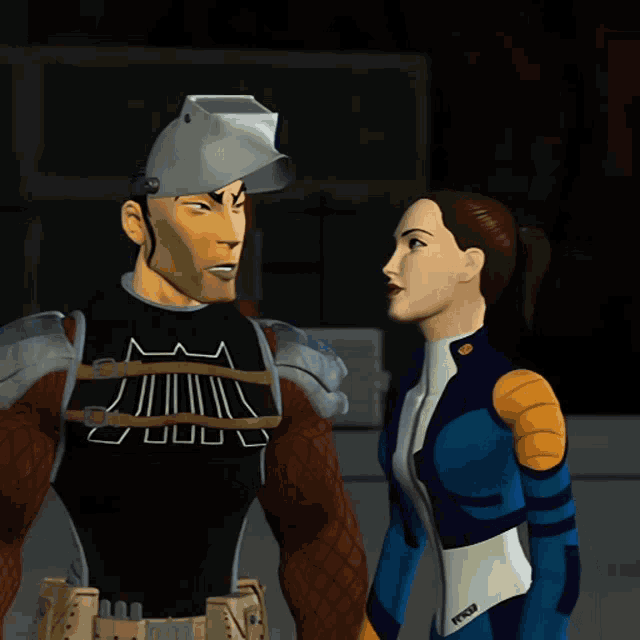 a man and a woman are standing next to each other and the man is wearing a helmet that says infinity on it