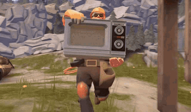 a cartoon character is carrying a tv on his head and the tv says team fortress 2
