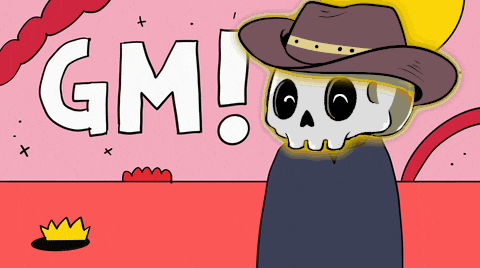 a cartoon drawing of a skull wearing a cowboy hat with the word gm behind it