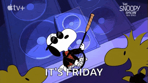 a cartoon of snoopy playing a guitar with the words " it 's friday " above him