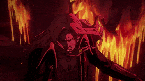 a cartoon character with long hair is standing in front of a fire