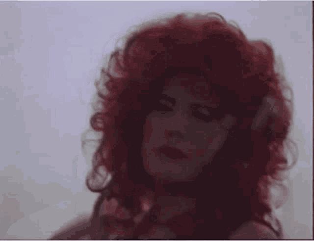 a woman with red curly hair is looking at the camera