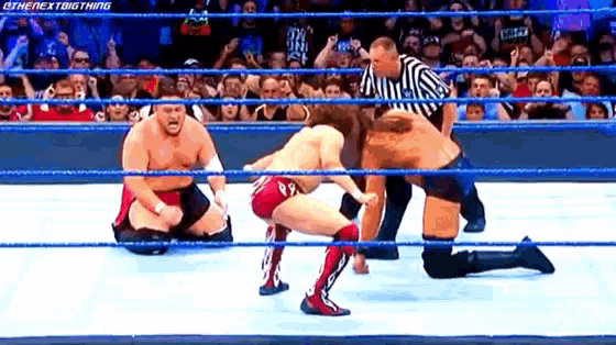 a group of wrestlers are fighting in a wrestling ring with a referee .
