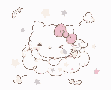 a drawing of hello kitty sitting on a cloud with a pink bow .