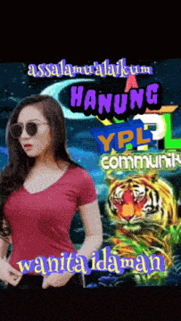 a woman in a red shirt is standing in front of a tiger and the words " wanita idaman " on the bottom