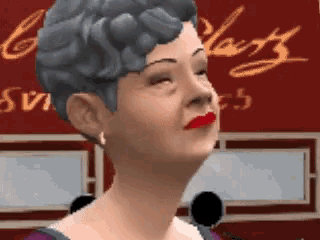 a woman with short grey hair and red lips is standing in front of a sign that says carlslays