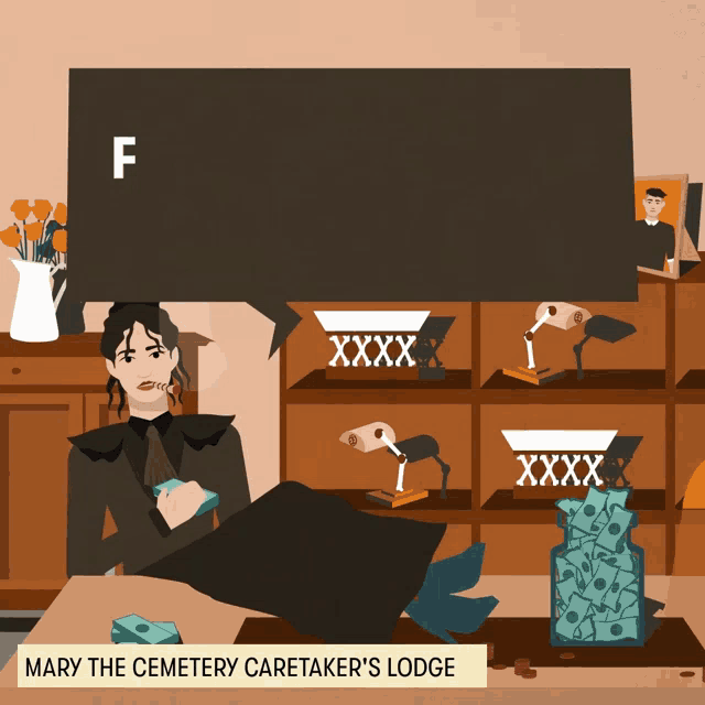 an illustration of mary the cemetery caretaker 's lodge shows a woman sitting at a desk