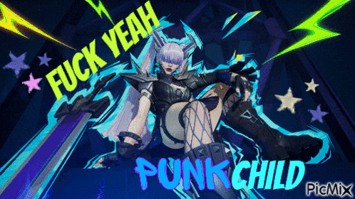a picture of a girl with a sword and the words " fuck yeah punk child "