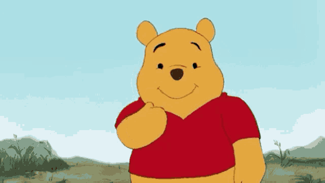 winnie the pooh is wearing a red shirt and smiling while standing in a field