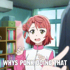 a girl with red hair is pointing at someone with the words why 's ponk doing that behind her