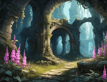 a painting of a ruined building with pink flowers in front of it