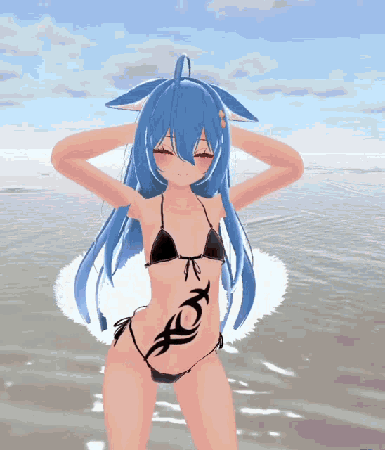 a girl with blue hair is wearing a bikini with a tribal tattoo on her stomach