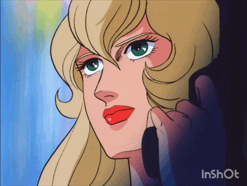 a woman with blonde hair and red lips is talking on a cell phone with a watermark that says inshot