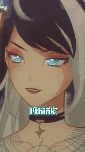 a drawing of a girl with a choker and the words " i think " below her
