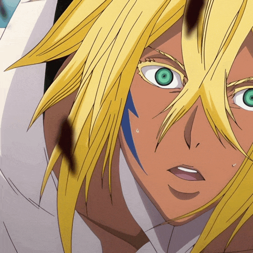a cartoon character with yellow hair and green eyes
