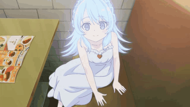 a girl in a white dress sits on a bench next to a menu