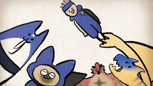 a group of cartoon characters are standing around each other and one of them is wearing a blue costume with a star on it .