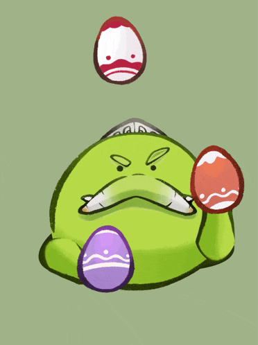 a drawing of a green frog juggling eggs