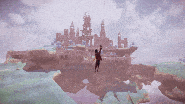 a person is flying through the air in front of a castle in a video game