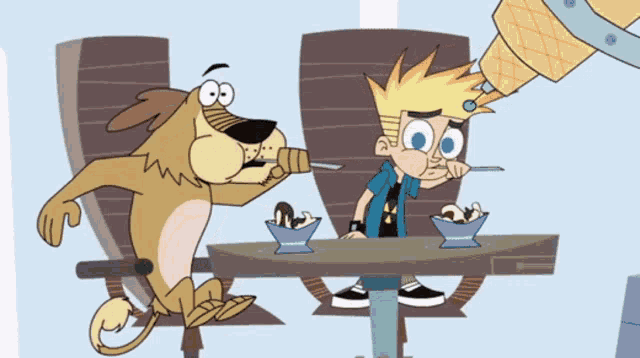 a cartoon of a dog and a boy with ice cream cones on their heads