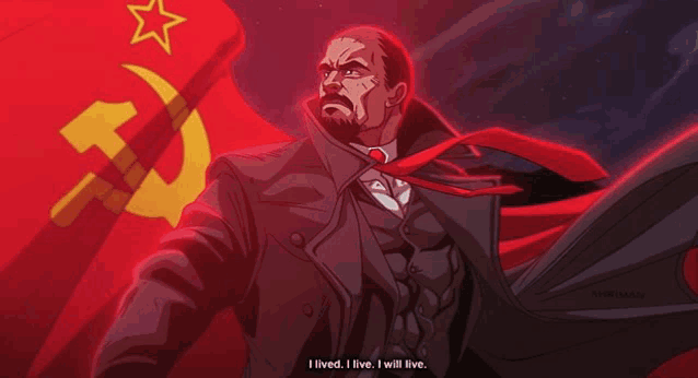 a man in a suit and tie stands in front of a red flag with a star and hammer and sickle on it