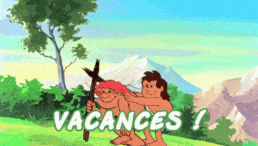 a cartoon of two cavemen holding a cross and the words vacances