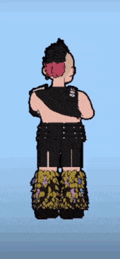 a pixel art drawing of a man with a mohawk and pink hair