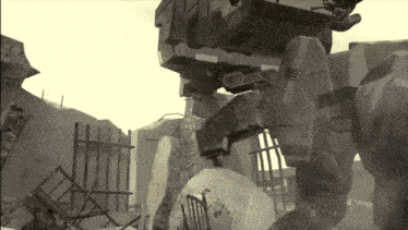 a black and white photo of a robot with the letters ee on it
