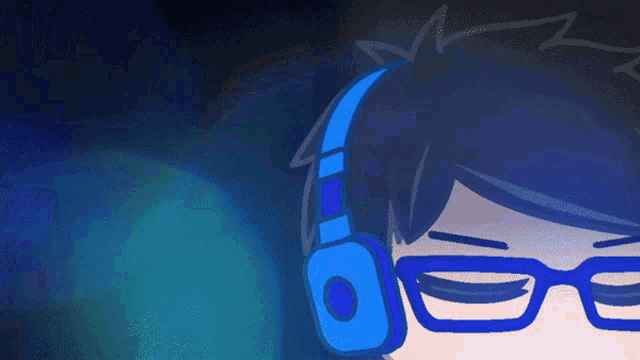 a cartoon drawing of a person wearing blue headphones and glasses