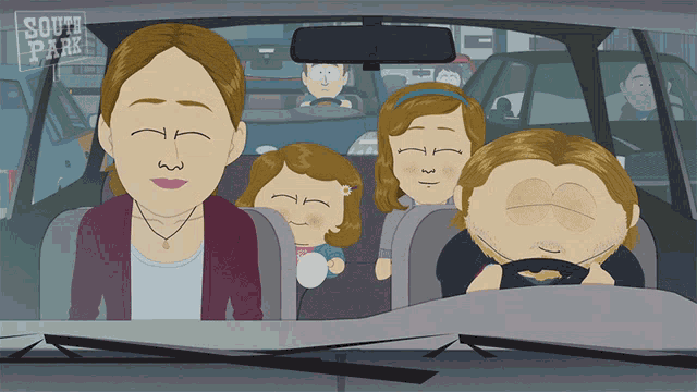 a cartoon of a family in a car with the words south park on the bottom right