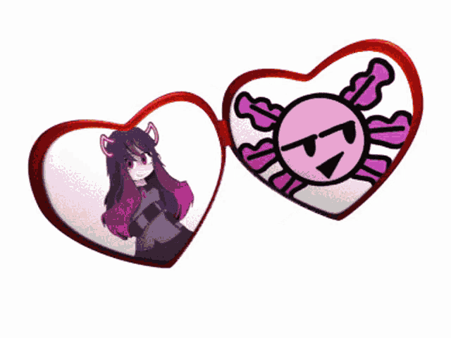two hearts one with a girl and the other with a skull