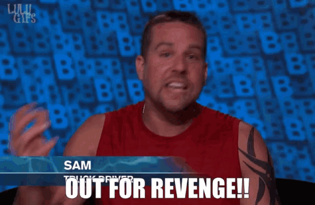 a man in a red tank top with the name sam on it