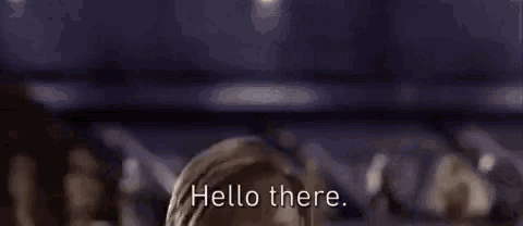 a man with a beard is standing in front of a crowd and says `` hello there '' .