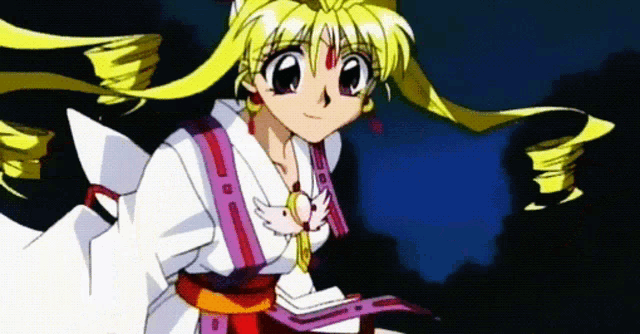 a girl with blonde hair is wearing a white kimono with a purple ribbon around her waist