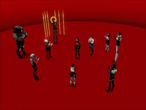 a group of people standing in a circle on a red surface