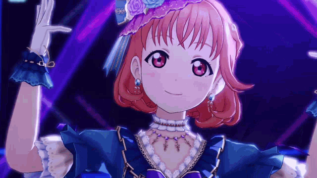 a girl with red hair is wearing a blue dress and earrings