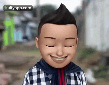 a cartoon character is smiling with his eyes closed and wearing a plaid shirt and scarf .