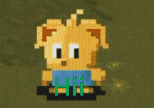 a pixel art drawing of a dog with the word hii in green