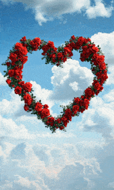 a heart made out of red roses floating in the sky