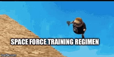 a cartoon character is flying through the air with the words space force training regimen written below him