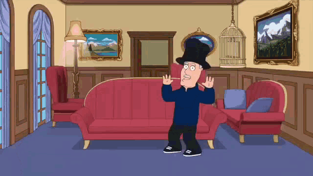 a cartoon character in a top hat is standing in a living room
