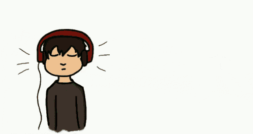 a cartoon drawing of a boy wearing headphones and holding a controller with a speech bubble saying hey