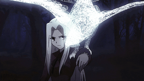 a woman with long white hair is holding a glowing object in her hands