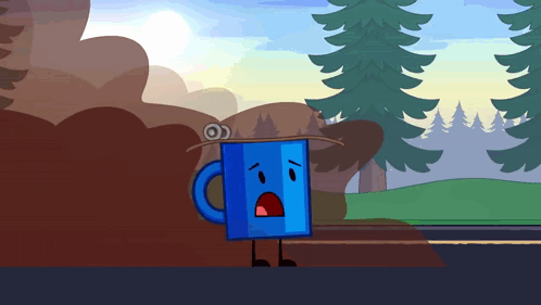a cartoon drawing of a blue mug with a skateboard on its head
