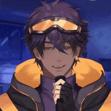 a man with purple hair and goggles is smiling