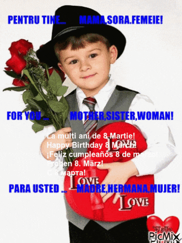 a boy in a hat and tie is holding roses and a gift box