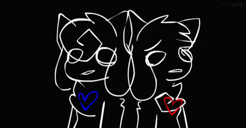 a black and white drawing of two cats with a blue and red heart