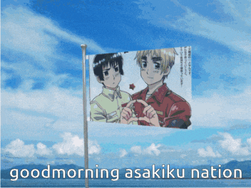 a flag that says good morning asakiku nation with a picture of two anime characters on it