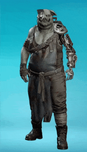 a man with a pig head and a robot arm is standing on a blue background