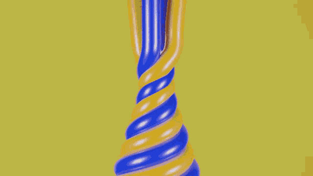 a close up of a blue and yellow twisted object on a yellow background .